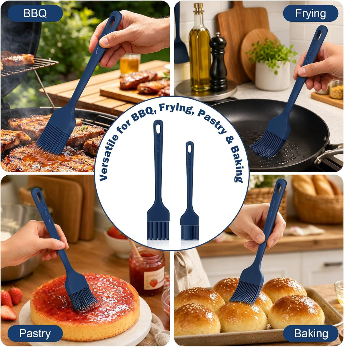 Silicone Basting Brush Set, 2-Pack Food-Grade BPA-Free Pastry Brush, 446°F Heat Resistant with Reinforced Inner Core, One-Piece Design for BBQ, Grilling, Baking, Butter, Marinades & Oil (Blue)