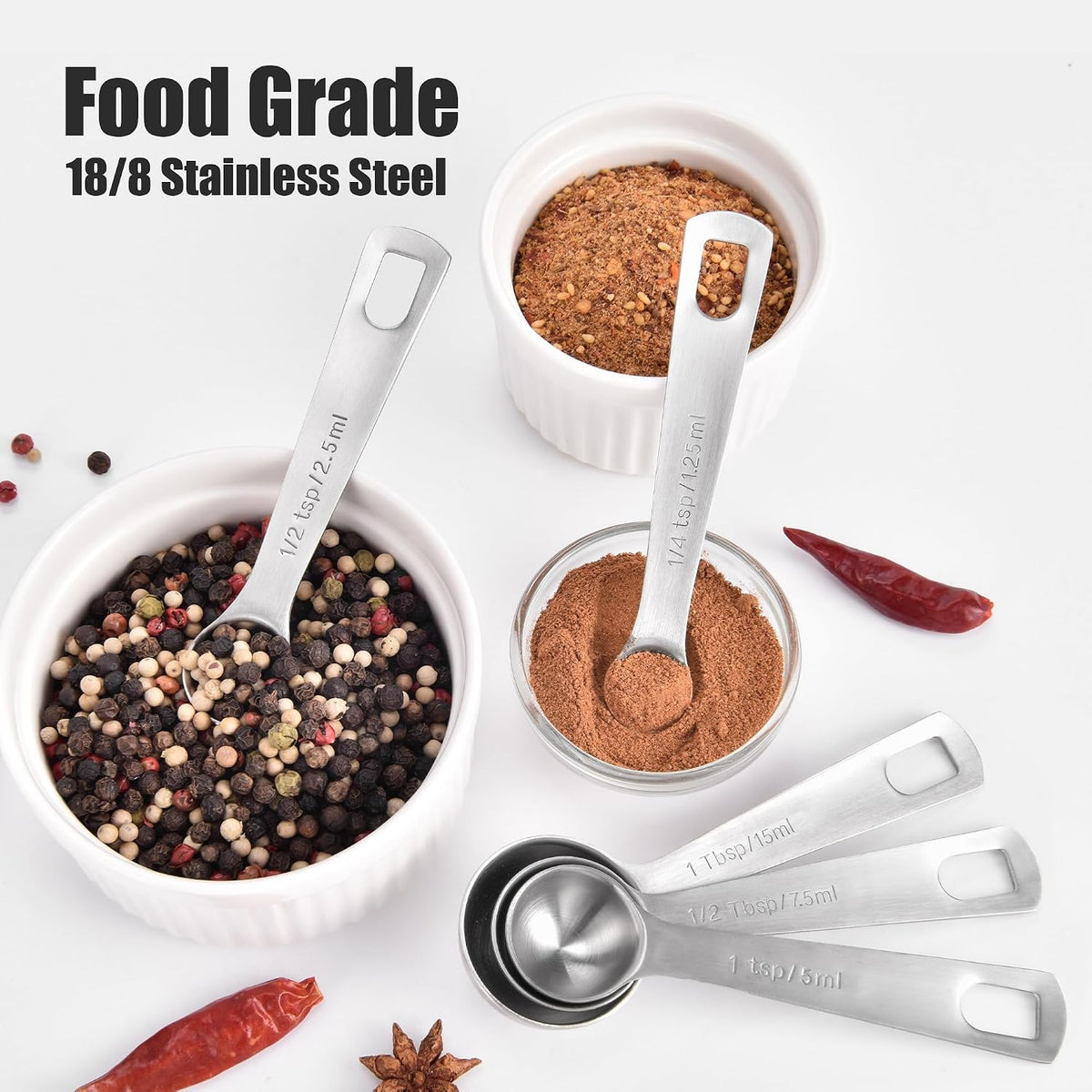Doosu 18/8 Stainless Steel Measuring Spoons with Engraved Metric (Set of 5)