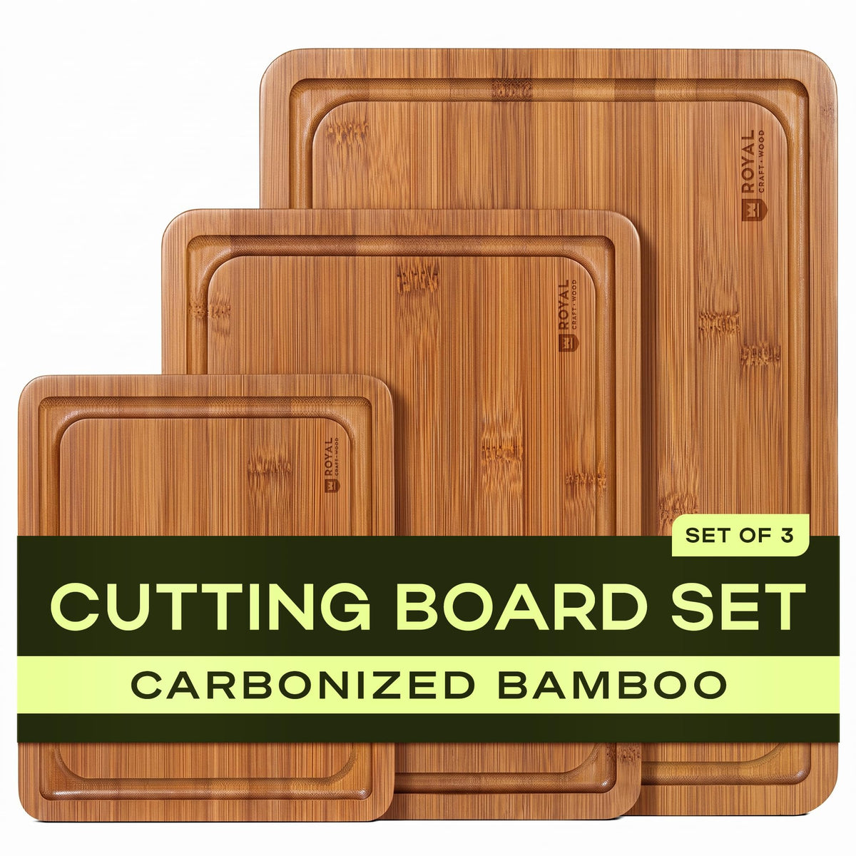 ROYAL CRAFT WOOD Wooden Cutting Boards for Kitchen Meal Prep & Serving - Bamboo Wood Serving Board Set with Deep Juice Groove Side Handles - Charcuterie & Chopping Butcher Block for Meat