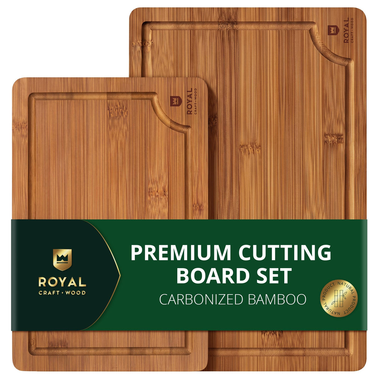 ROYAL CRAFT WOOD Wooden Cutting Boards for Kitchen Meal Prep & Serving - Bamboo Wood Serving Board Set with Deep Juice Groove Side Handles - Charcuterie & Chopping Butcher Block for Meat