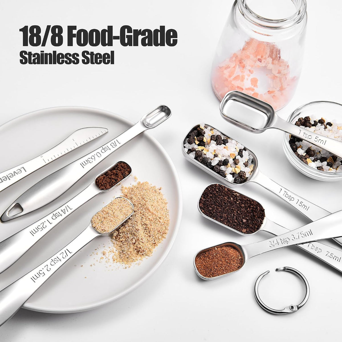 Doosu 18/8 Stainless Steel Measuring Spoons with Long Handle (Set of 8)