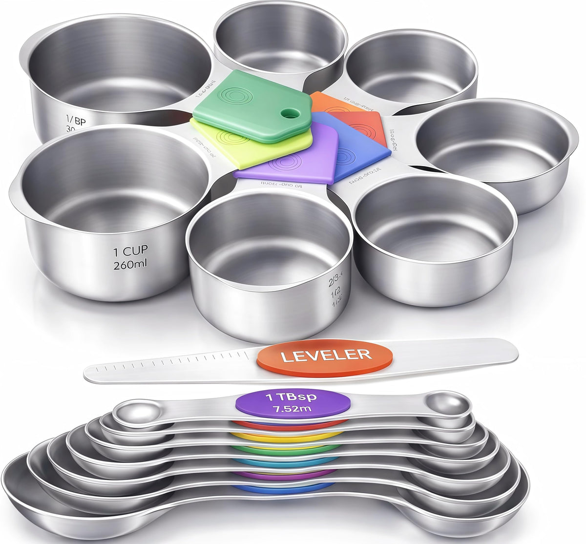 Premium Magnetic Measuring Spoons Set|Strong N52 Magnets|Heavy Duty Stainless Steel|Dual-Sided for Spice Jar & Liquid Measuring|Dishwasher Safe|7 Spoons with Leveler for Baking & Cooking (Colorful)