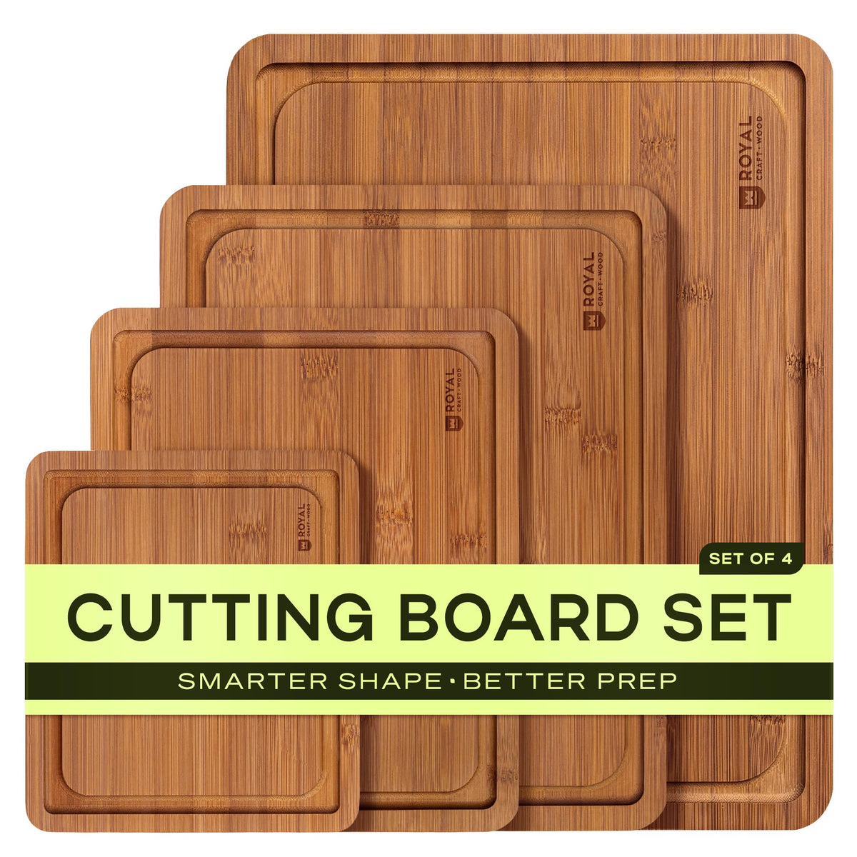ROYAL CRAFT WOOD Wooden Cutting Boards for Kitchen Meal Prep & Serving - Bamboo Wood Serving Board Set with Deep Juice Groove Side Handles - Charcuterie & Chopping Butcher Block for Meat