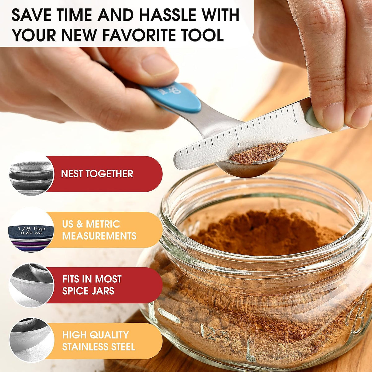 Spring Chef Stainless Steel 8 Magnetic Measuring Spoons Set, Winter Frost