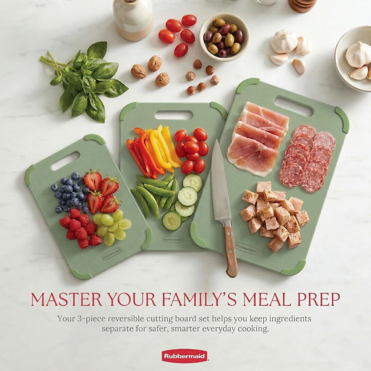 Rubbermaid 3pc Reversible Wheat Fiber Cutting Board Set | BPA Free Non Toxic Cutting Boards for Kitchen – Dishwasher Safe, Non-Slip Corners & Lightweight | For Meat, Veggies & Fruits