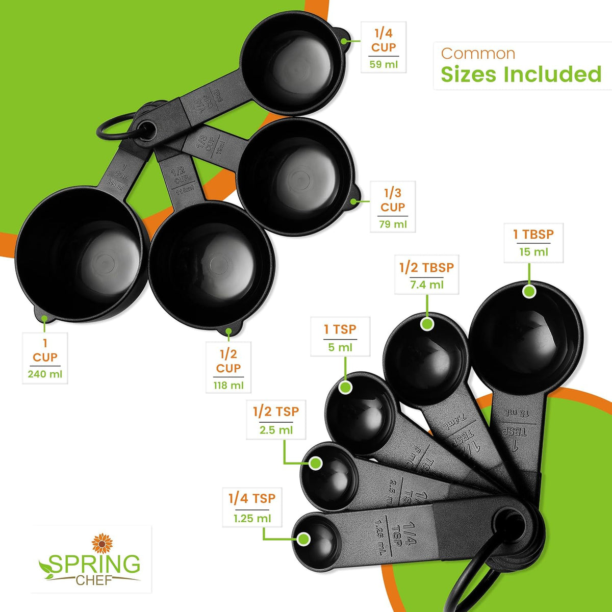 Spring Chef Black Magnetic Measuring Cups & Spoons - 9 pcs - Nesting Design