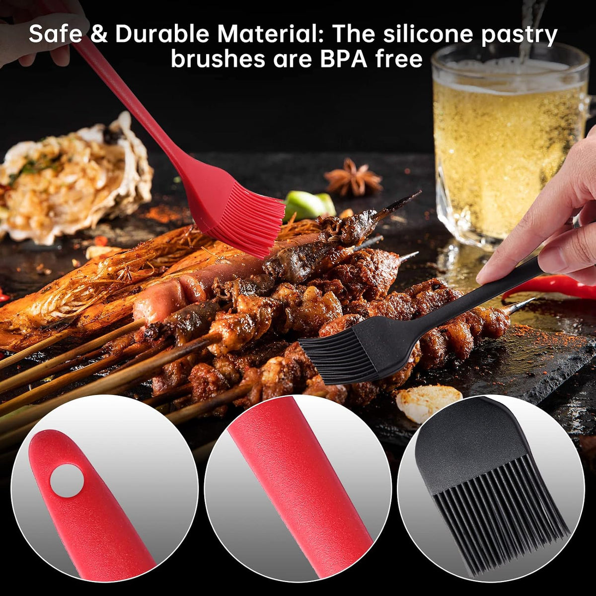 4 Pack Silicone Basting Pastry Brushes with 2 Wood Handle Oil Brushes