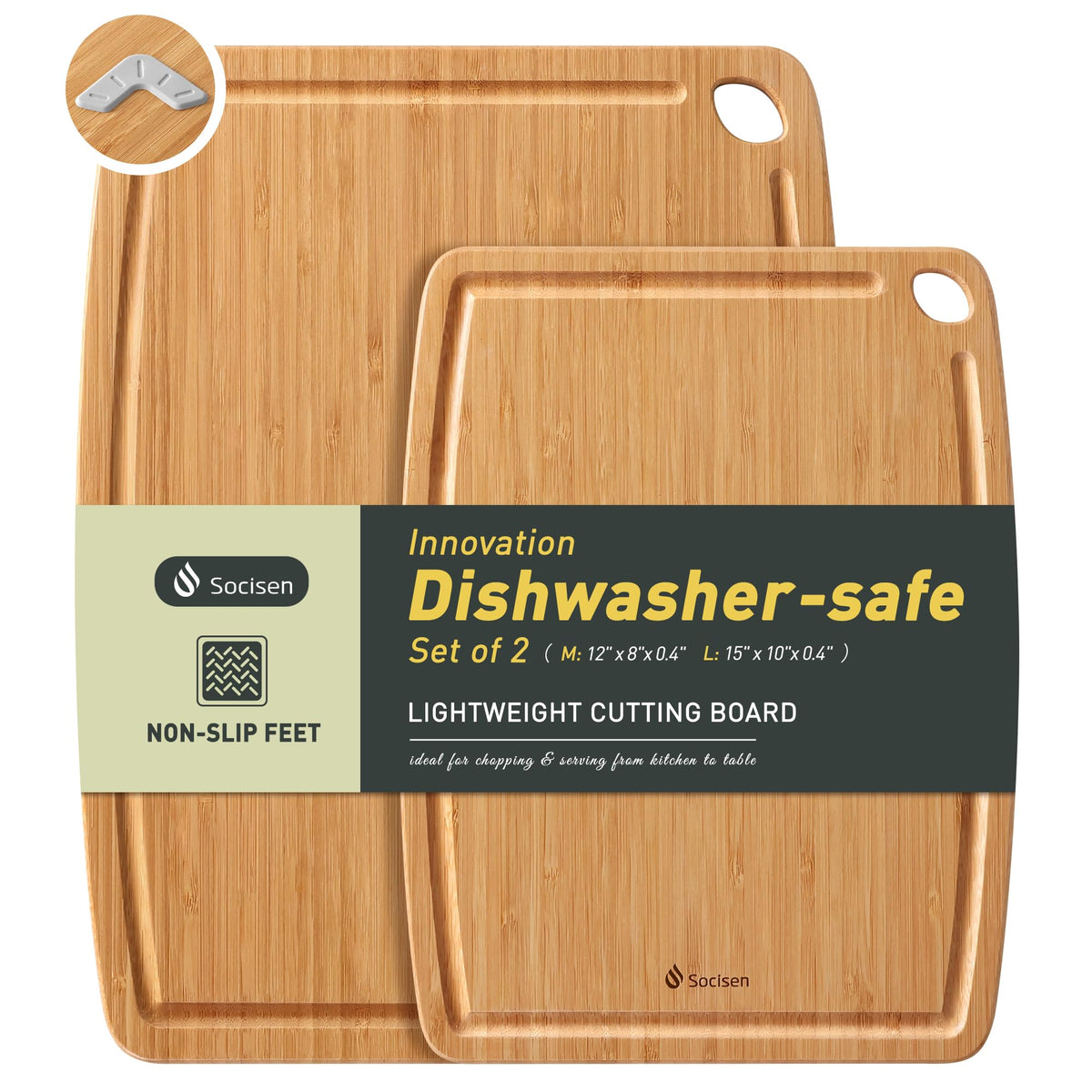 Lightweight Durable Bamboo Cutting Board with Non-Slip Feet, Non Toxic Wooden Cutting Board for Kitchen Heat-Resistant Chopping & Charcuterie Board with Juice Groove Kitchen Essentials for Meat