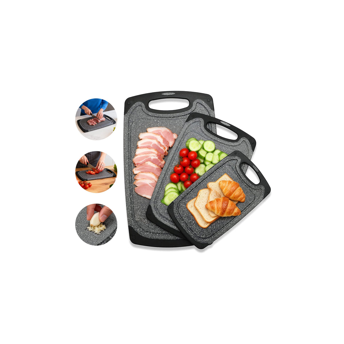 Viretang Non Slip Cutting Board Set For Kitchen, 3 Pieces, Dishwasher Safe