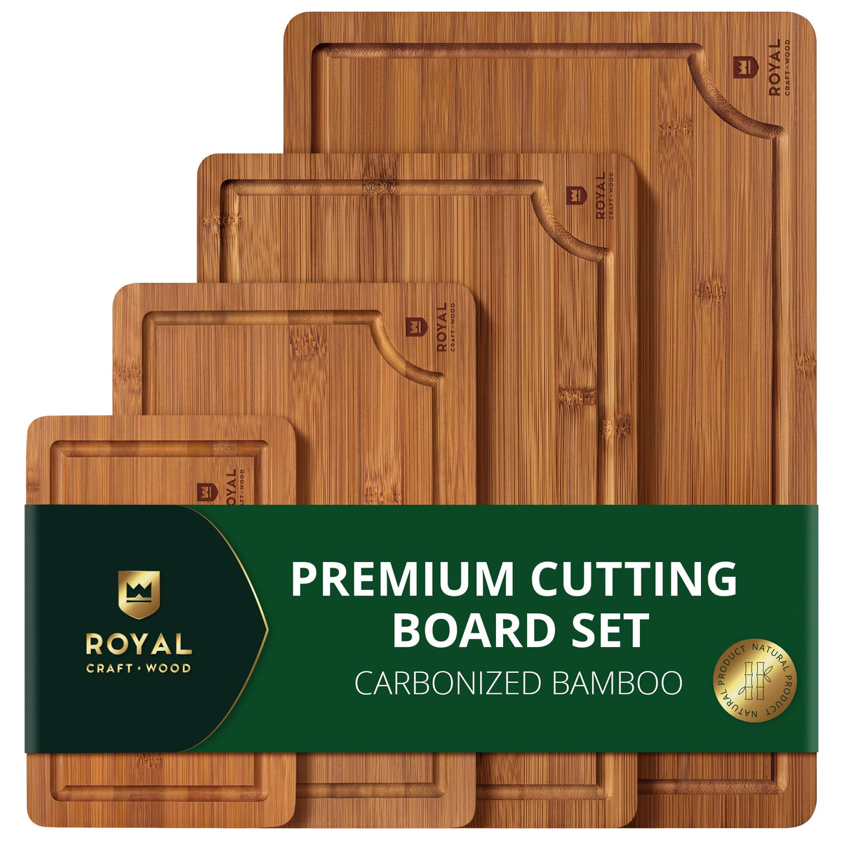 ROYAL CRAFT WOOD Wooden Cutting Boards for Kitchen Meal Prep & Serving - Bamboo Wood Serving Board Set with Deep Juice Groove Side Handles - Charcuterie & Chopping Butcher Block for Meat