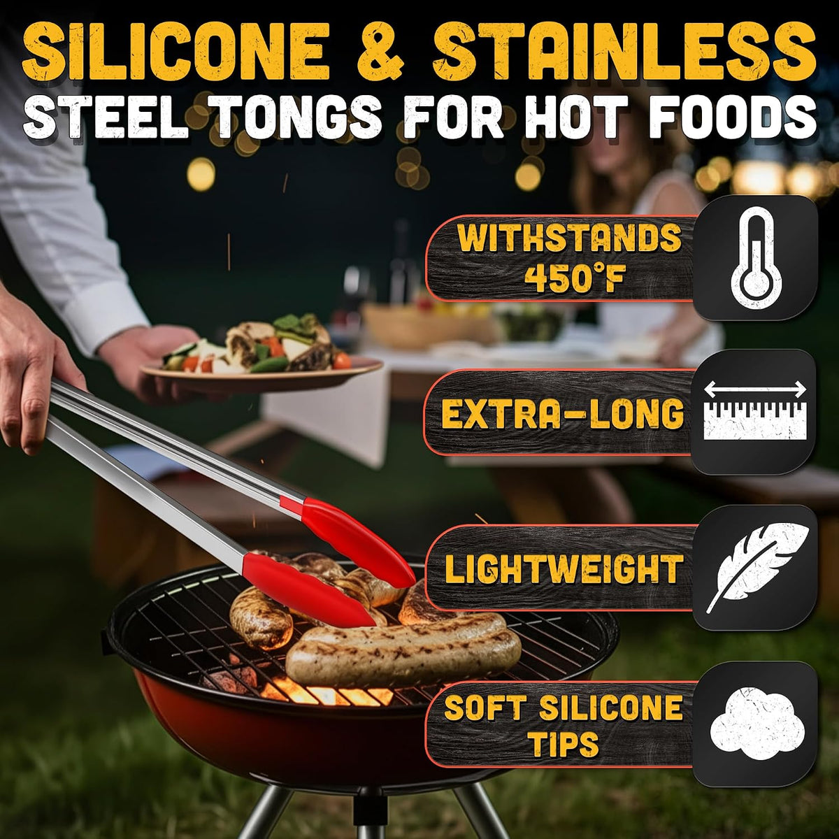 PerHomeAid Silicone Cooking Tongs,Kitchen Food Tongs, 16 Inch Heavy Duty Non-Stick Stainless Steel Kitchen Tongs for Barbeque Cooking Grilling