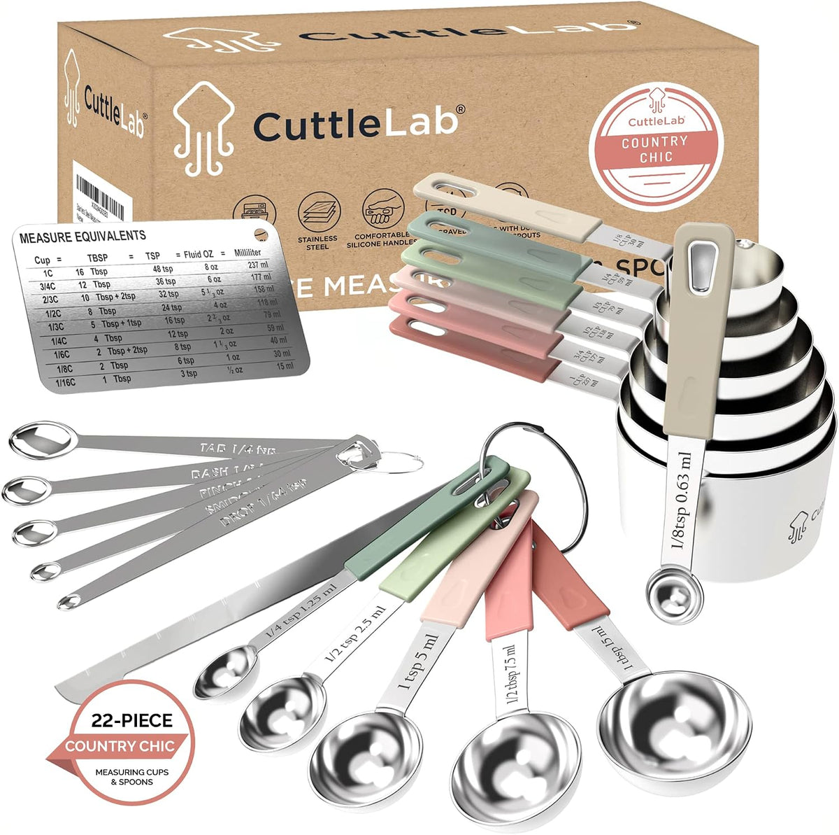 CuttleLab 22-Piece Stainless Steel Measuring Cups and Spoons Set, Tad Dash Pinch Smidgen Drop Mini Measuring Spoons, Measuring Stick Leveler, Measurement Conversion Chart Fridge Magnet, (Country Chic)
