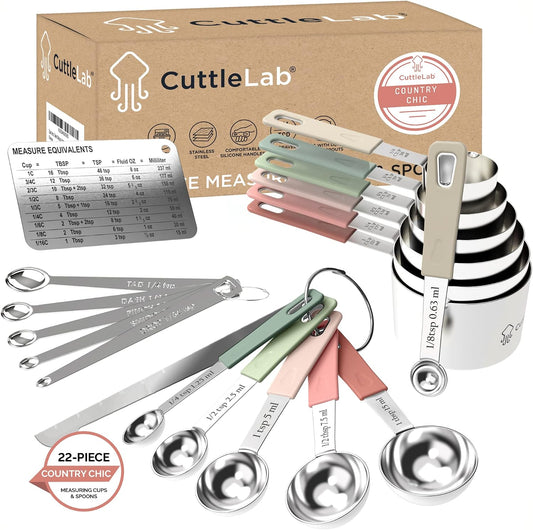 CuttleLab 22-Piece Stainless Steel Measuring Cups and Spoons Set, Tad Dash Pinch Smidgen Drop Mini Measuring Spoons, Measuring Stick Leveler, Measurement Conversion Chart Fridge Magnet, (Country Chic)