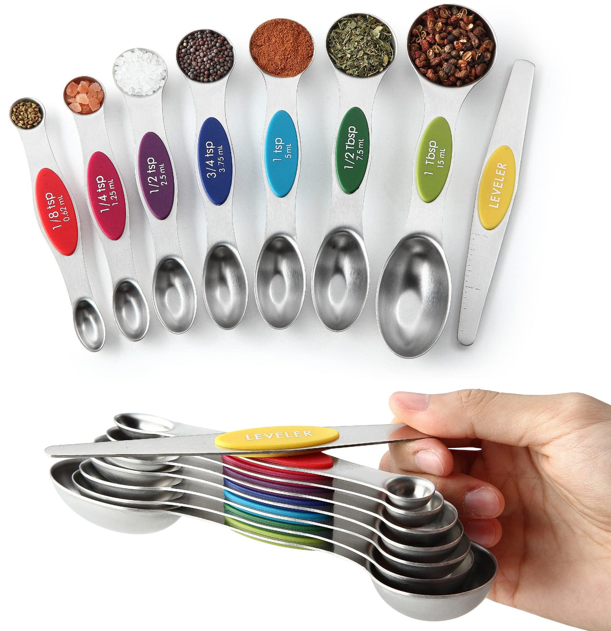 Spring Chef Stainless Steel Magnetic Measuring Spoons Set of 8, Pine Green