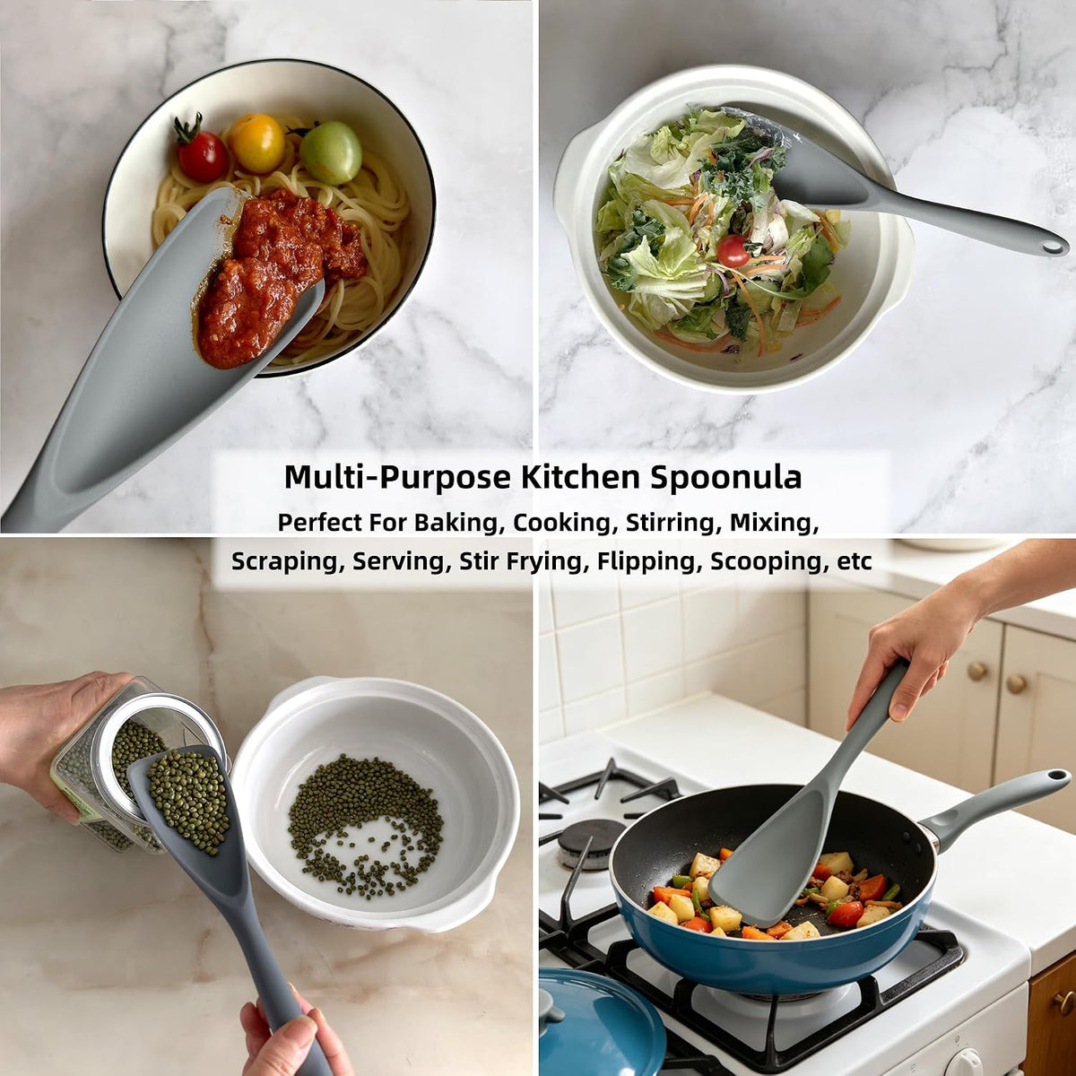 Silicone Spatula Tongs and Basting Brush Set, 3-Piece 11.4 Inch Heat Resistant Kitchen Utensils, Dishwasher Safe, Non-Scratch for Cooking, Baking, Serving, Gray