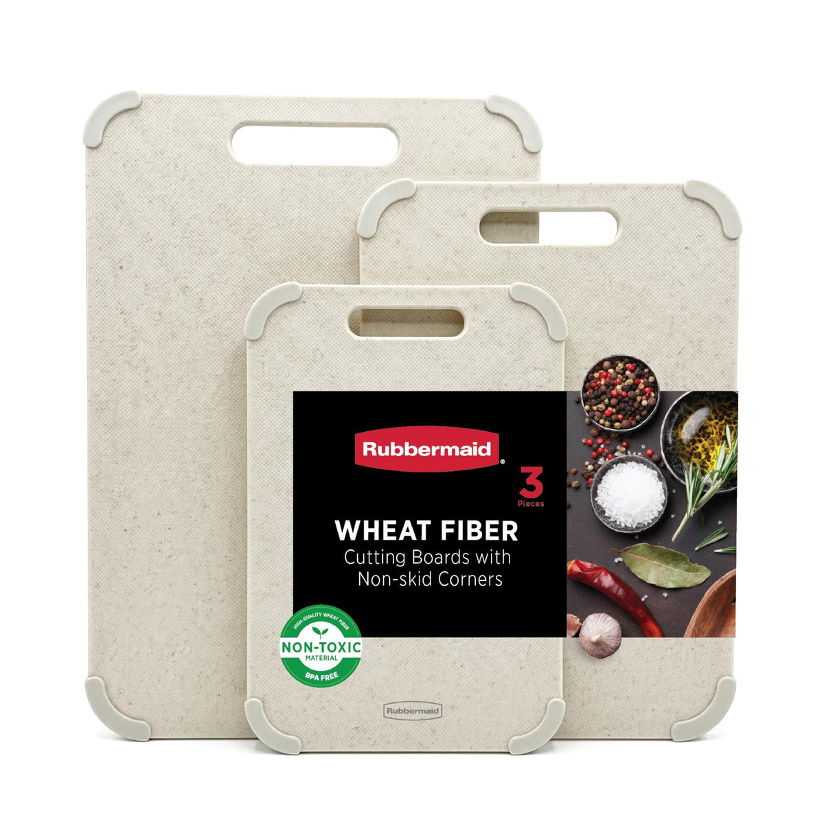 Rubbermaid 3pc Reversible Wheat Fiber Cutting Board Set | BPA Free Non Toxic Cutting Boards for Kitchen – Dishwasher Safe, Non-Slip Corners & Lightweight | For Meat, Veggies & Fruits