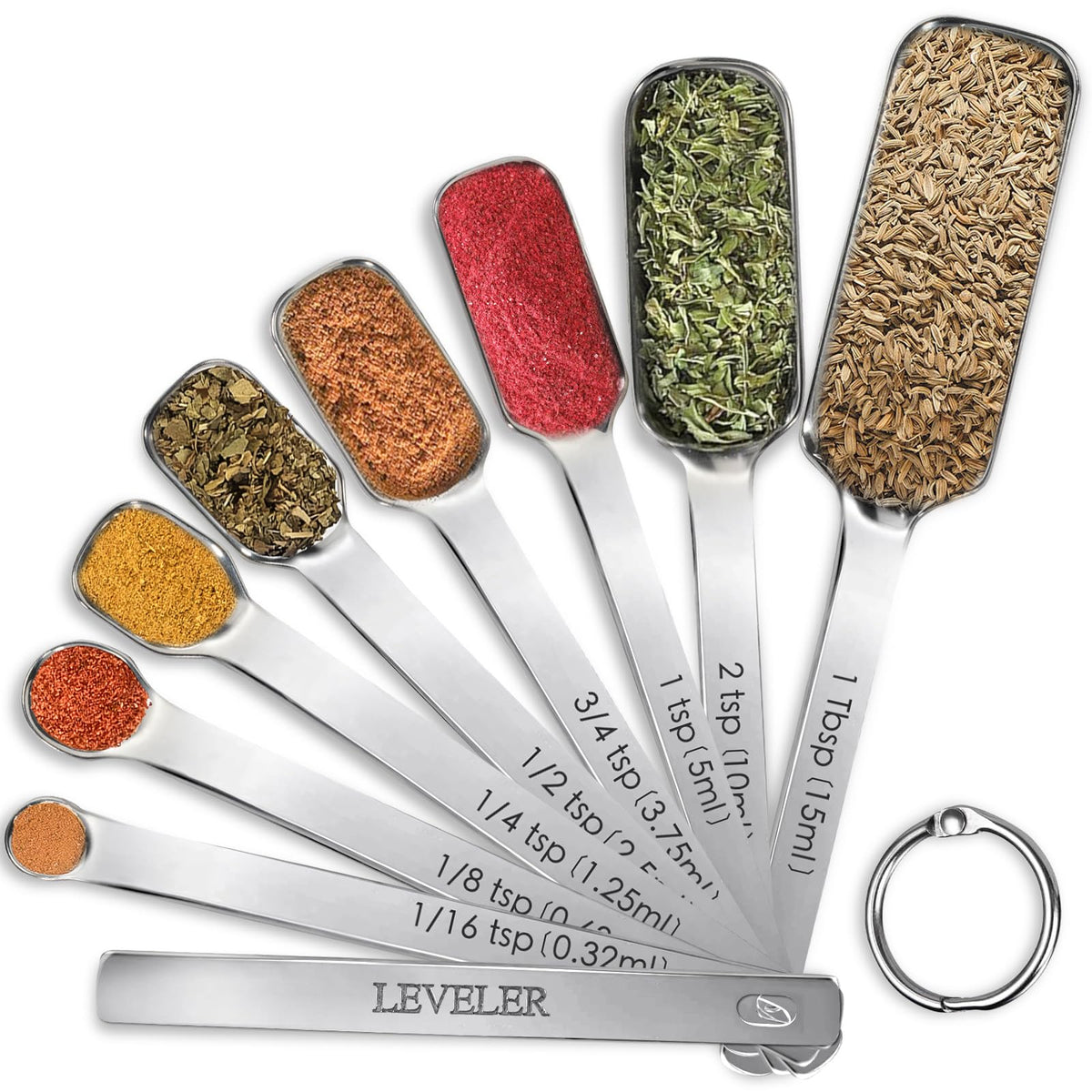 Stainless Steel Measuring Spoons Set of 14 with Leveler, Rectangular Teaspoon & Tablespoon Measuring Spoons for Dry & Liquid Ingredients, Slim Design Fits in Spice Jars