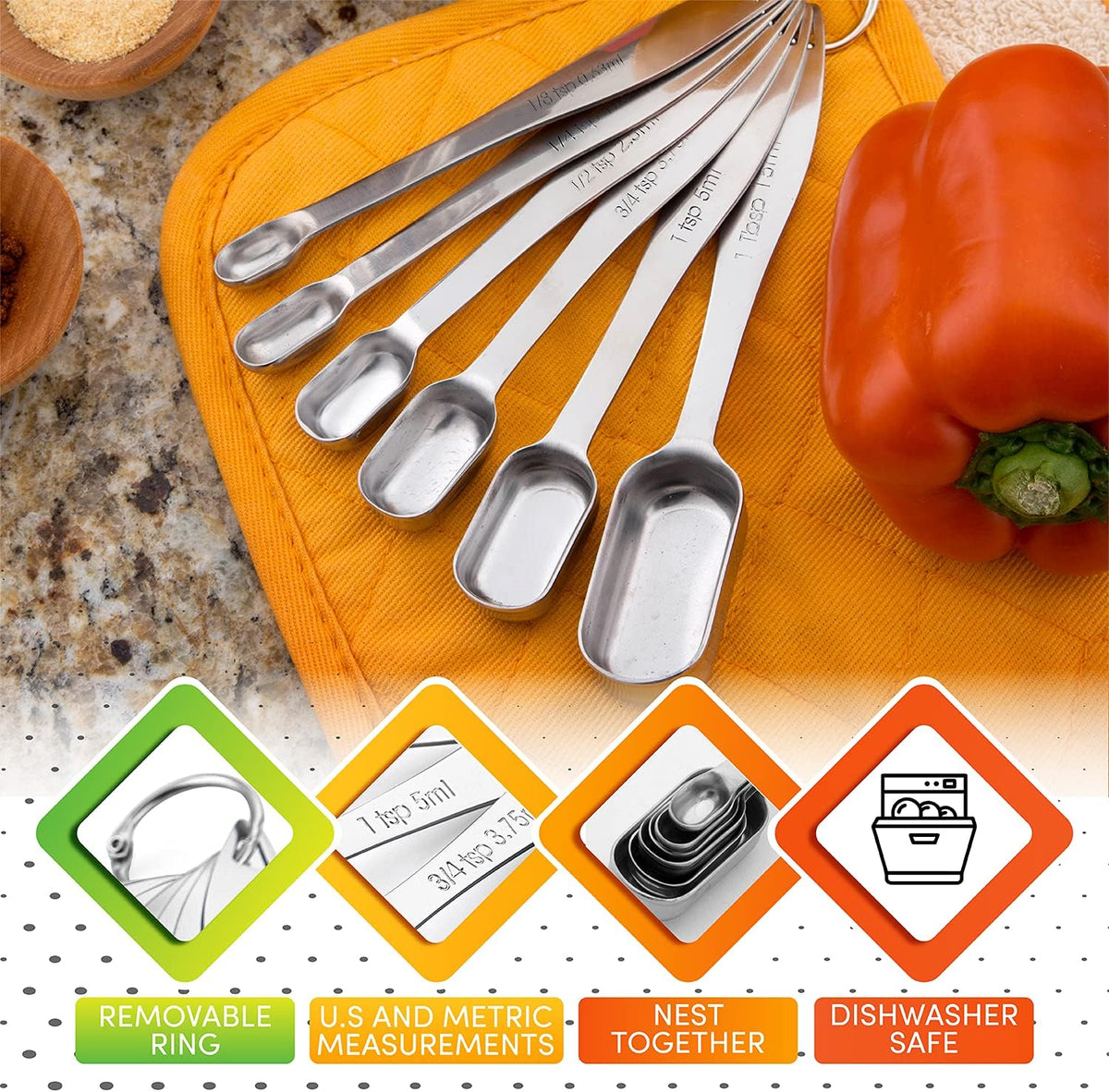 Spring Chef Nesting Stainless Steel Measuring Spoons Set of 7 with Leveler