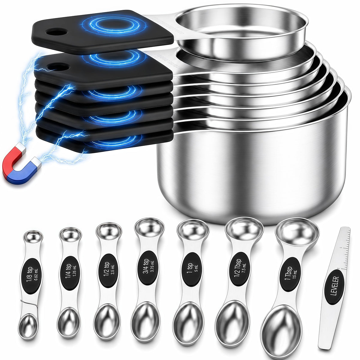 Magnetic Measuring Cups and Spoons Set-Heavy Duty 304 Stainless Steel Cups