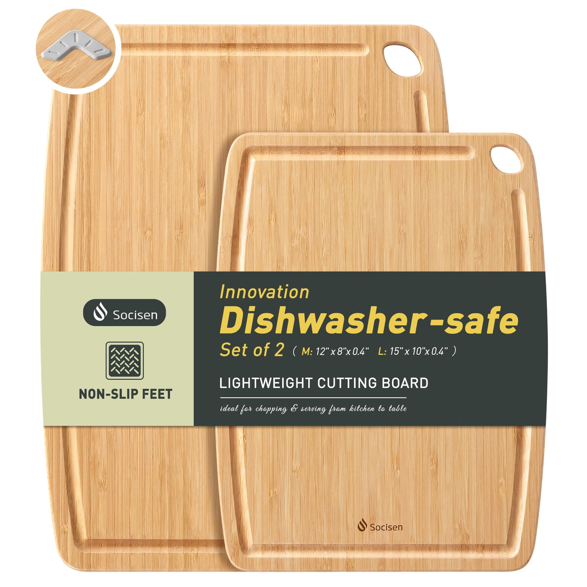 Lightweight Durable Bamboo Cutting Board with Non-Slip Feet, Non Toxic Wooden Cutting Board for Kitchen Heat-Resistant Chopping & Charcuterie Board with Juice Groove Kitchen Essentials for Meat
