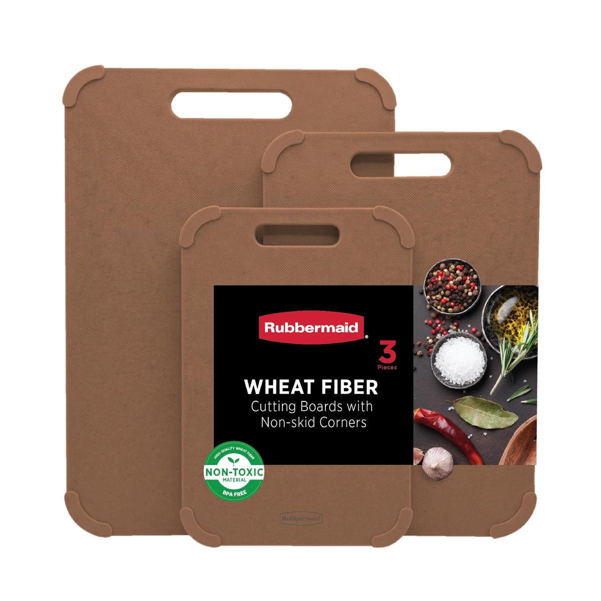 Rubbermaid 3pc Reversible Wheat Fiber Cutting Board Set | BPA Free Non Toxic Cutting Boards for Kitchen – Dishwasher Safe, Non-Slip Corners & Lightweight | For Meat, Veggies & Fruits