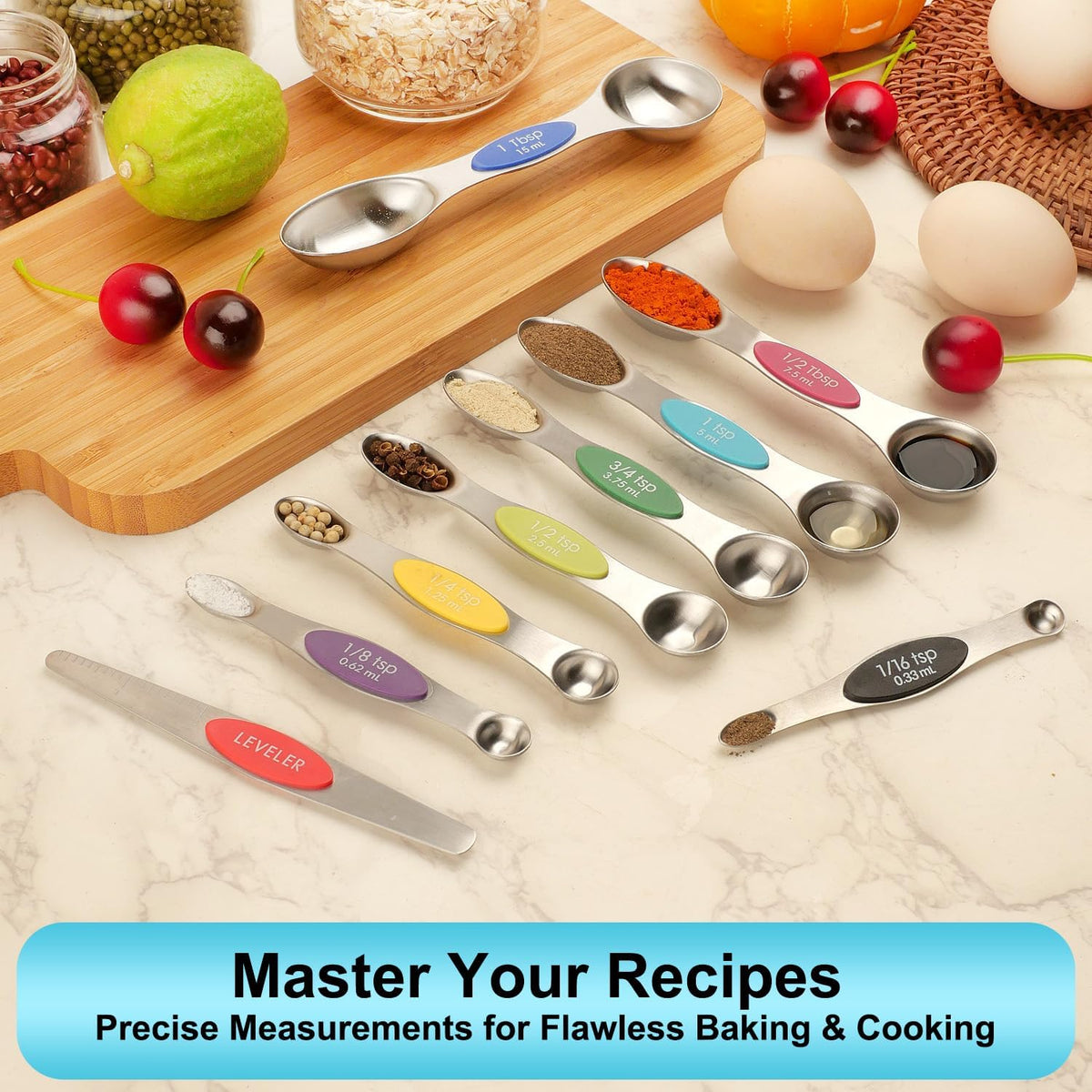 Magnetic Measuring Spoons Set of 9 with Leveler, Color-Coded Dual Sided Stainless Steel Measuring Spoon Set, Stackable Teaspoon and Tablespoon Set for Baking, Cooking, Kitchen Gadgets Dishwasher Safe