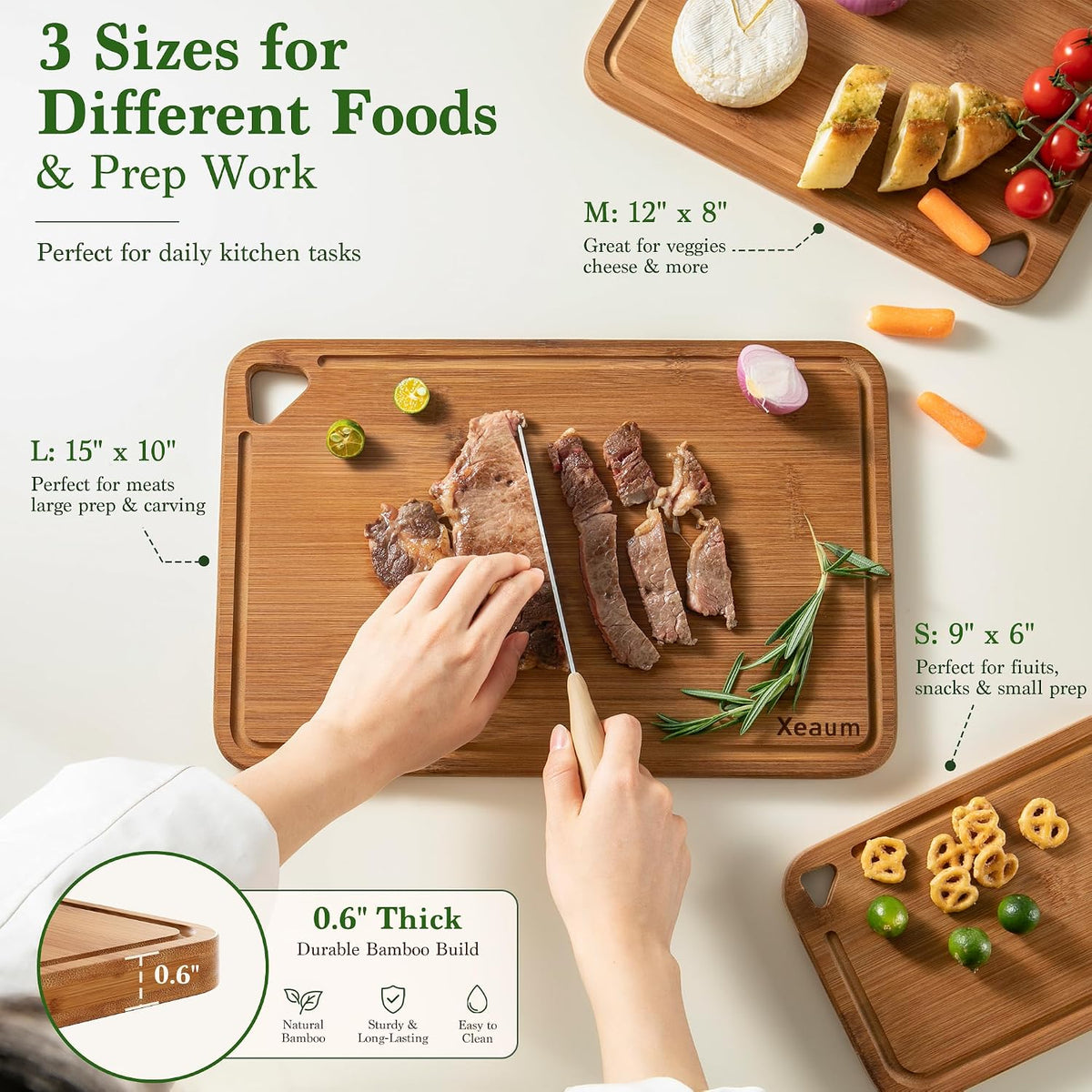 Bamboo Cutting Board 3-Piece Wooden Bread Boards for kitchen
