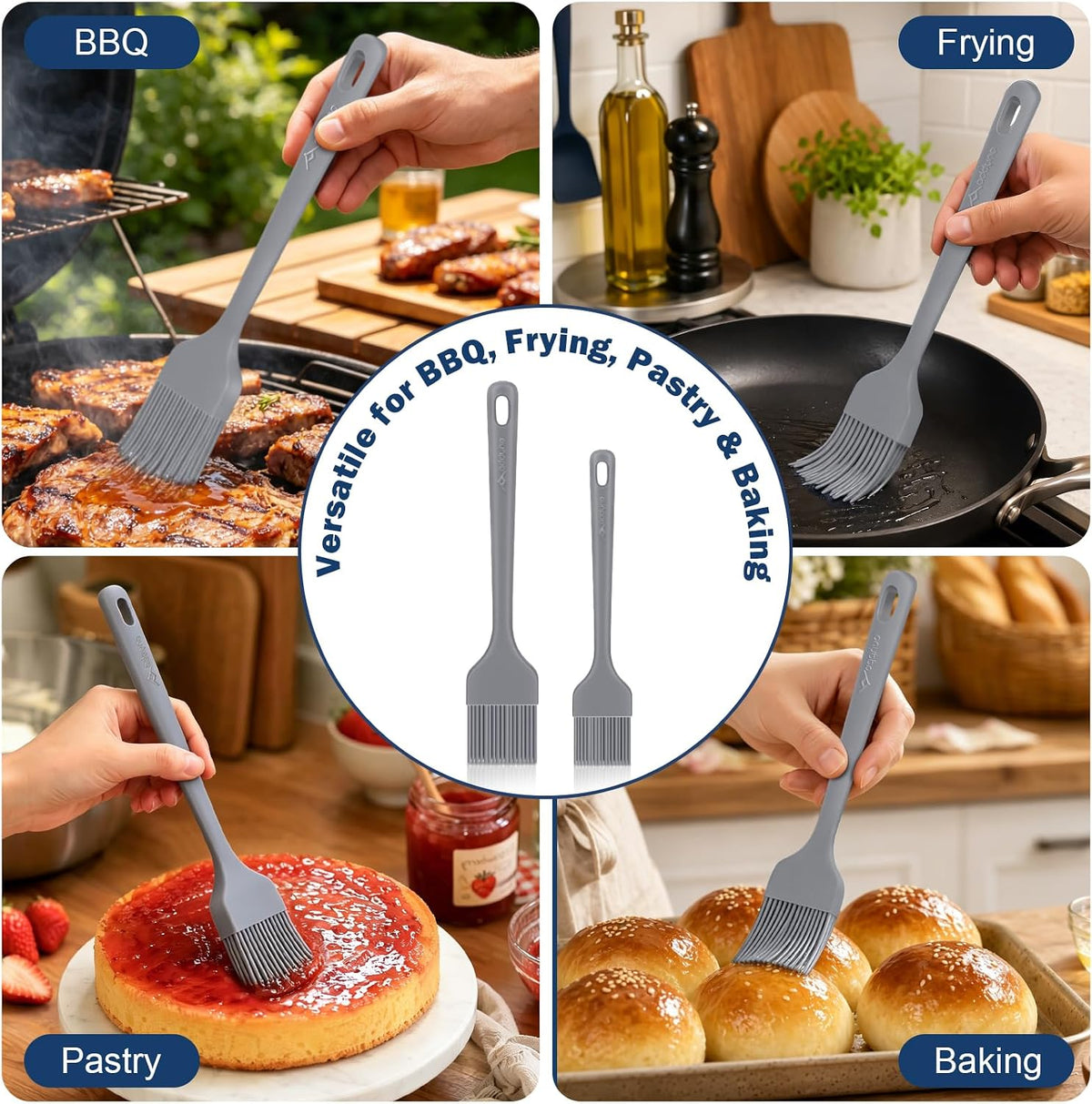Silicone Basting Brush Set, 2-Pack Food-Grade BPA-Free Pastry Brush, 446°F Heat Resistant with Reinforced Inner Core, One-Piece Design for BBQ, Grilling, Baking, Butter, Marinades & Oil (Gray)