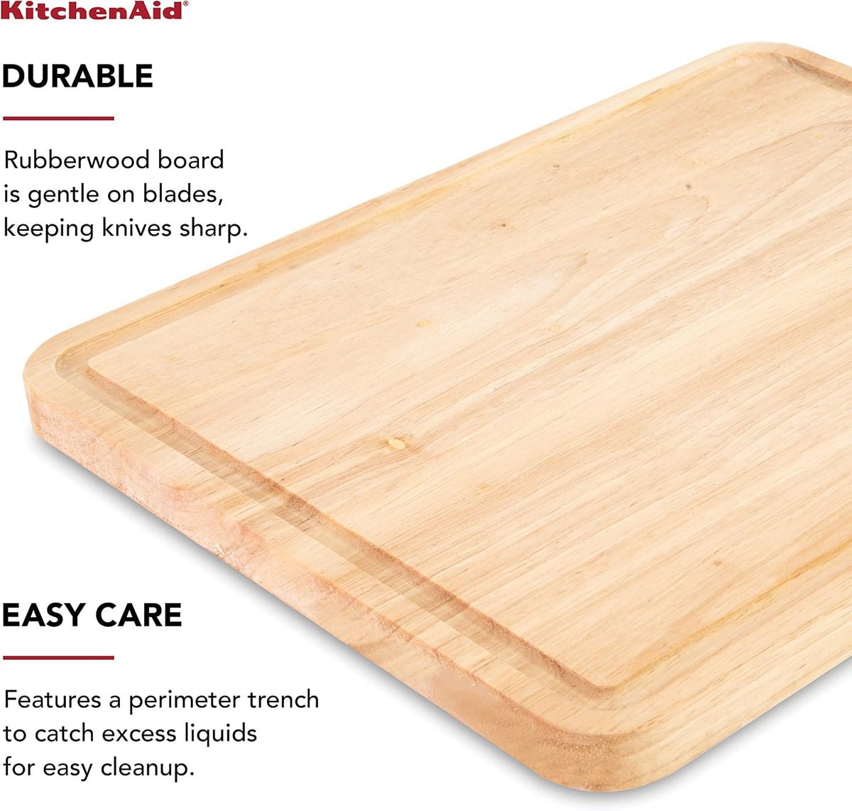 KitchenAid Classic Rubberwood Cutting Board with Perimeter Trench, Reversible Chopping Board, 11-inch x 14-Inch, Natural