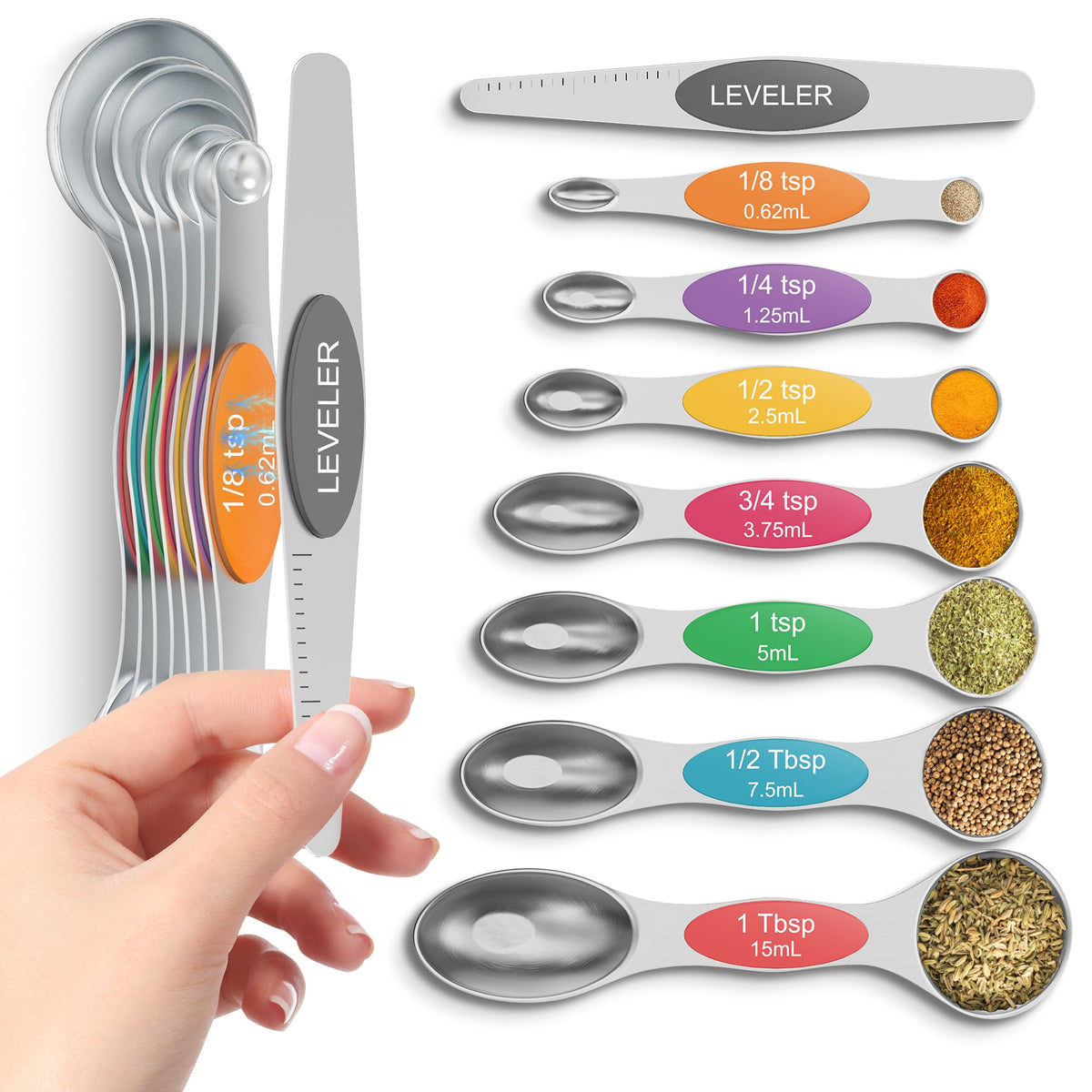 Premium Magnetic Measuring Spoons Set|Strong N52 Magnets|Heavy Duty Stainless Steel|Dual-Sided for Spice Jar & Liquid Measuring|Dishwasher Safe|7 Spoons with Leveler for Baking & Cooking (Colorful)