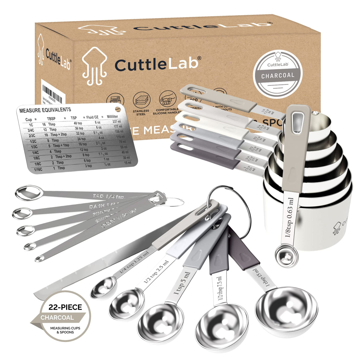 CuttleLab 22-Piece Stainless Steel Measuring Cups and Spoons Set, Tad Dash Pinch Smidgen Drop Mini Measuring Spoons, Measuring Stick Leveler, Measurement Conversion Chart Fridge Magnet, (Country Chic)