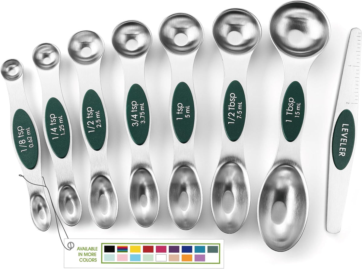 Spring Chef Stainless Steel Magnetic Measuring Spoons Set of 8, Pine Green