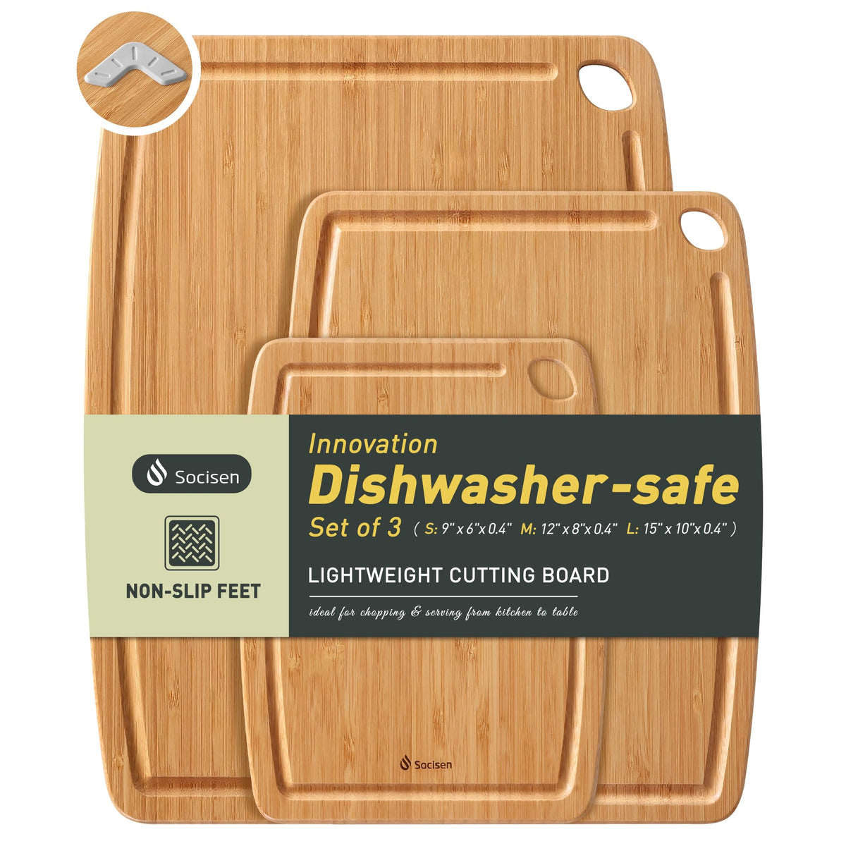 Lightweight Durable Bamboo Cutting Board with Non-Slip Feet, Non Toxic Wooden Cutting Board for Kitchen Heat-Resistant Chopping & Charcuterie Board with Juice Groove Kitchen Essentials for Meat