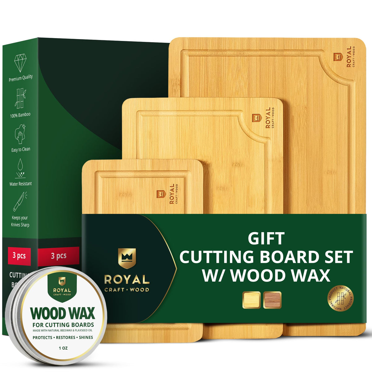 ROYAL CRAFT WOOD Wooden Cutting Boards for Kitchen Meal Prep & Serving - Bamboo Wood Serving Board Set with Deep Juice Groove Side Handles - Charcuterie & Chopping Butcher Block for Meat