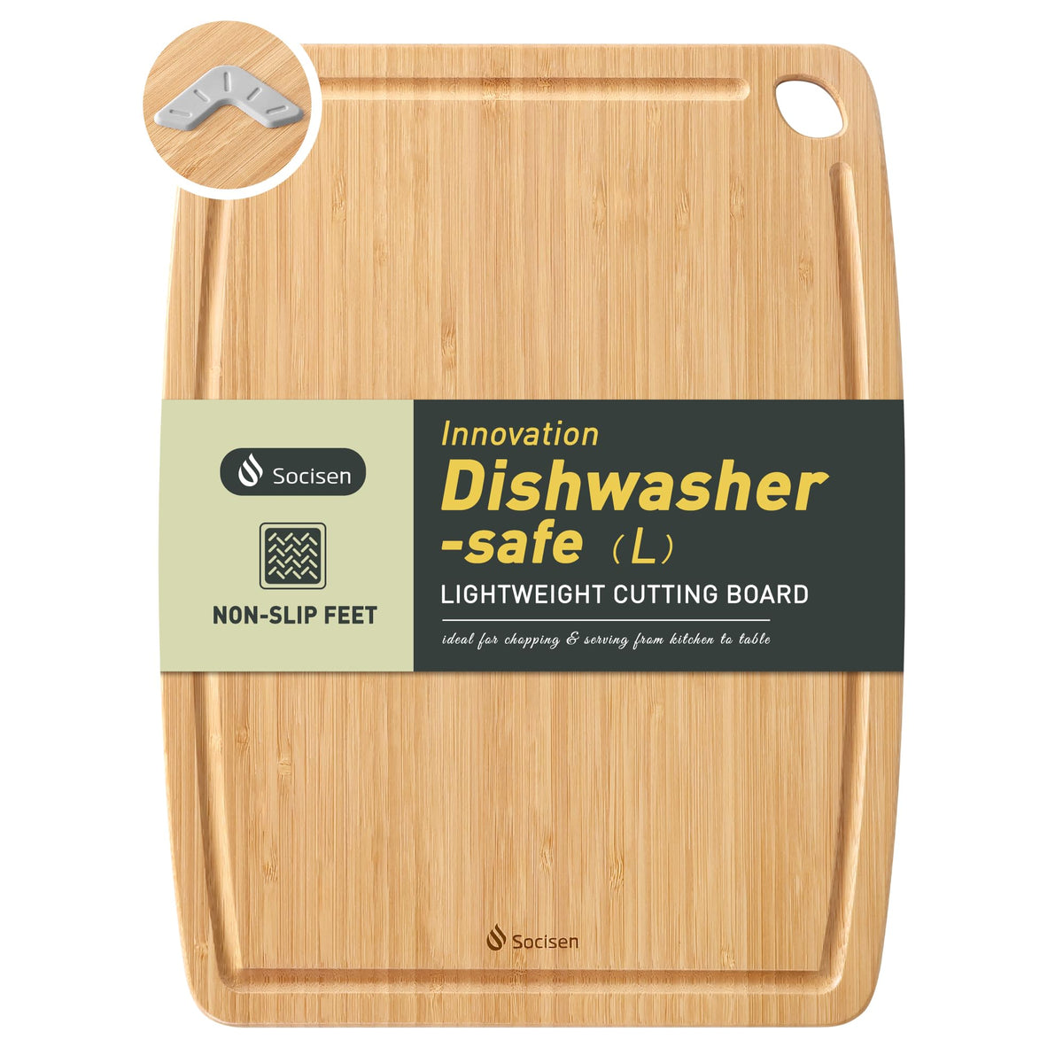 Lightweight Durable Bamboo Cutting Board with Non-Slip Feet, Non Toxic Wooden Cutting Board for Kitchen Heat-Resistant Chopping & Charcuterie Board with Juice Groove Kitchen Essentials for Meat