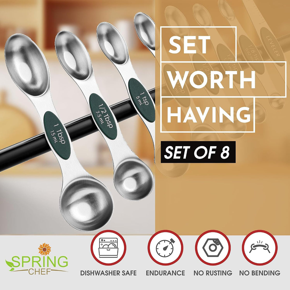 Spring Chef Stainless Steel Magnetic Measuring Spoons Set of 8, Pine Green
