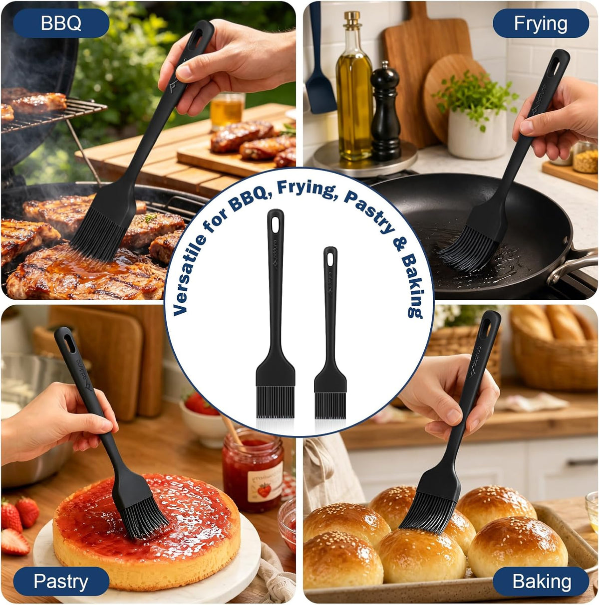 Silicone Basting Brush Set, 2-Pack Food-Grade BPA-Free Pastry Brush, 446°F Heat Resistant with Reinforced Inner Core, One-Piece Design for BBQ, Grilling, Baking, Butter, Marinades & Oil (Black)