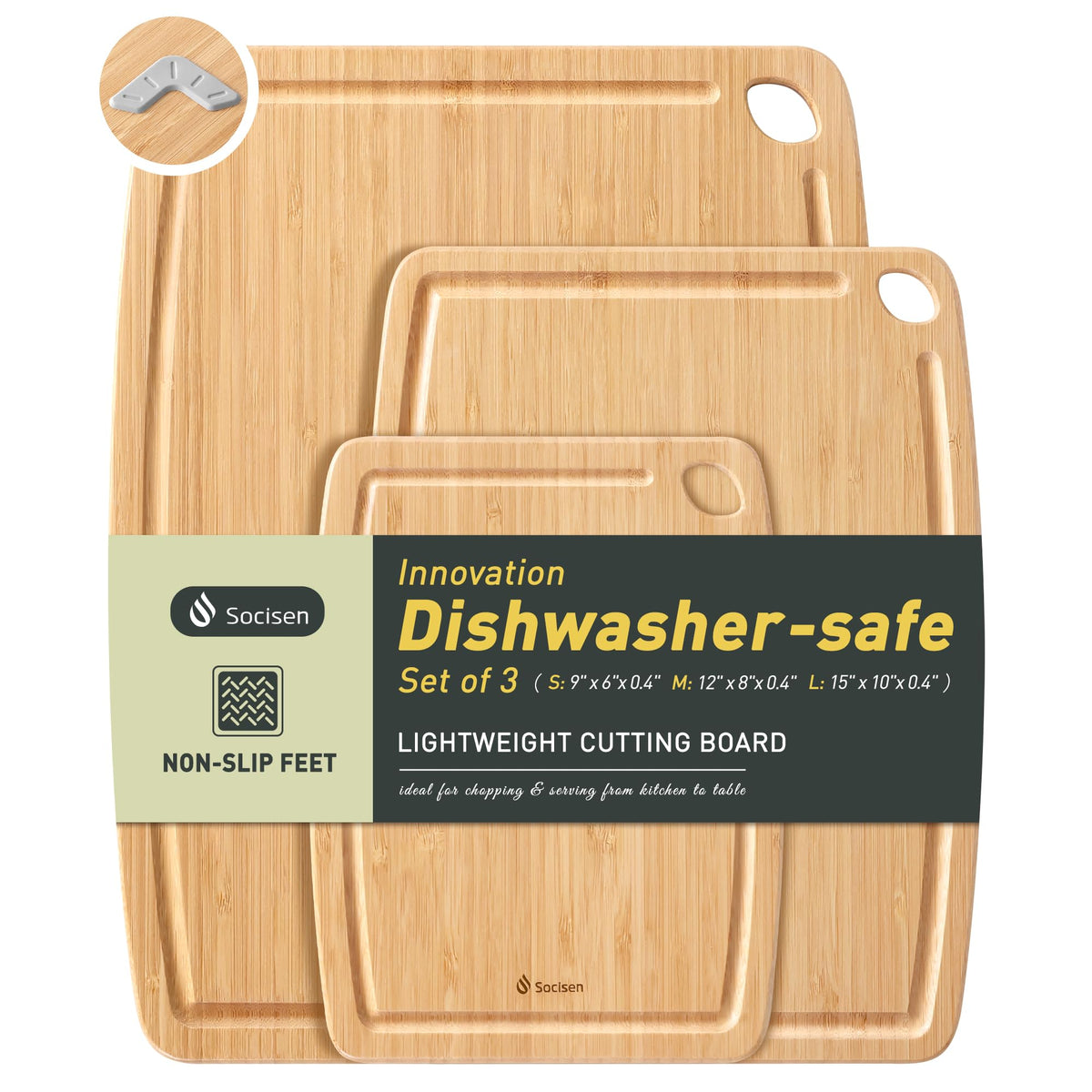Lightweight Durable Bamboo Cutting Board with Non-Slip Feet, Non Toxic Wooden Cutting Board for Kitchen Heat-Resistant Chopping & Charcuterie Board with Juice Groove Kitchen Essentials for Meat