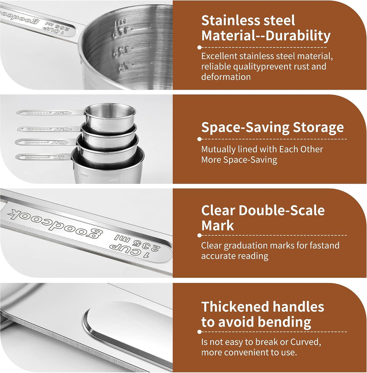 Measuring Cups and Spoons Set (8 Piece), Stainless Steel Measuring，4 Spoons, 4 Cups, Metal Measuring Cups for Cooking & Baking