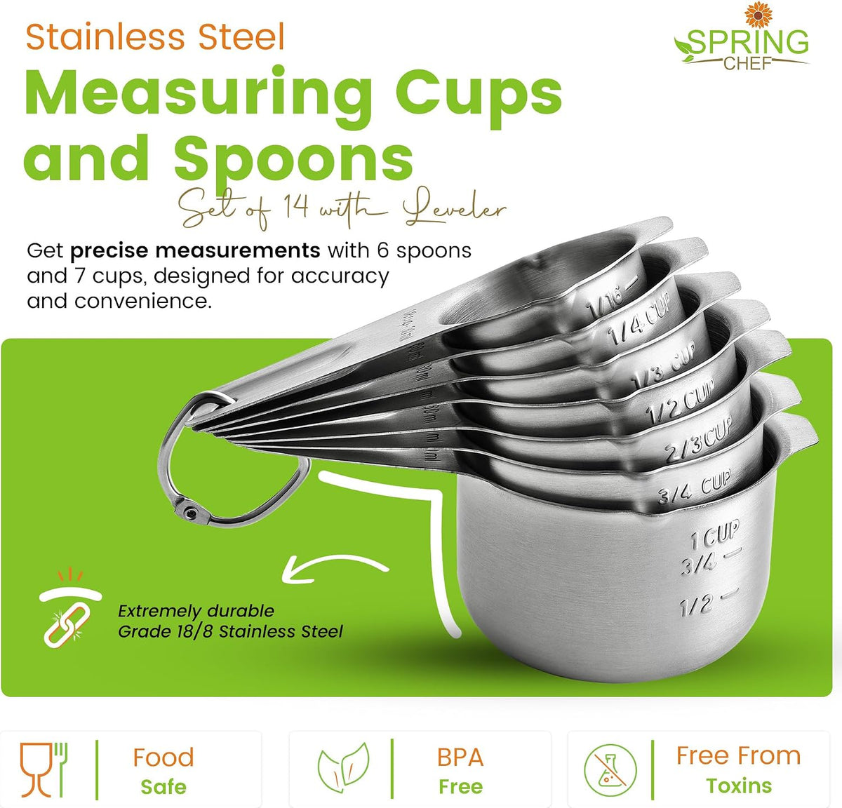 Spring Chef Stainless Steel Measuring Cups and Spoons Set of 14 w/Leveler
