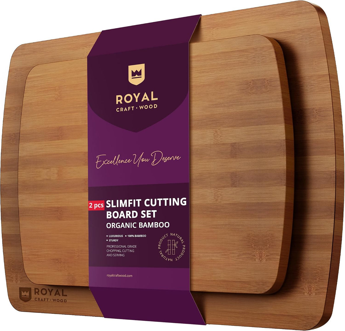 ROYAL CRAFT WOOD Wooden Cutting Boards for Kitchen Meal Prep & Serving - Bamboo Wood Serving Board Set with Deep Juice Groove Side Handles - Charcuterie & Chopping Butcher Block for Meat