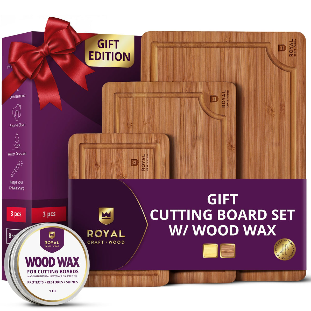 ROYAL CRAFT WOOD Wooden Cutting Boards for Kitchen Meal Prep & Serving - Bamboo Wood Serving Board Set with Deep Juice Groove Side Handles - Charcuterie & Chopping Butcher Block for Meat