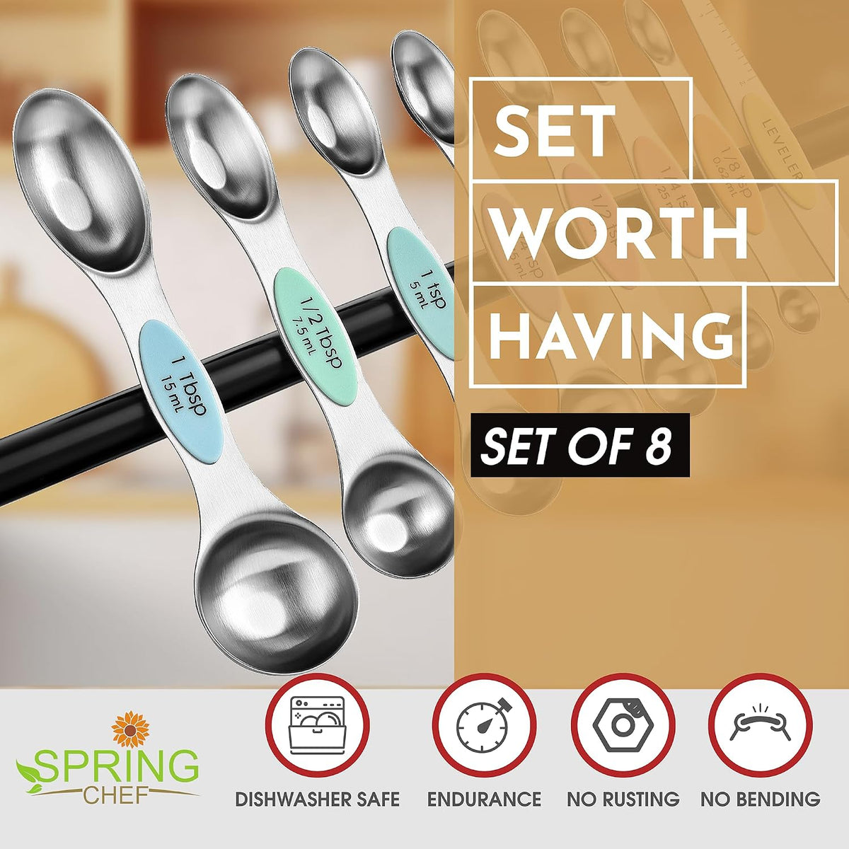 Spring Chef Stainless Steel Magnetic Measuring Spoons Set of 8, Pastel