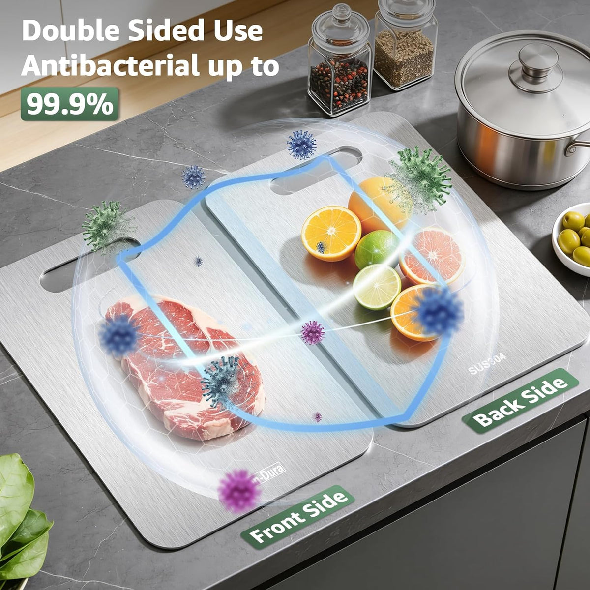 Stron-Dura Cutting Board, Stainless Steel Cutting Board, Foodgrade Cutting Boards for Kitchen, Double Side Use, Odor free, M, 13.4" * 9"