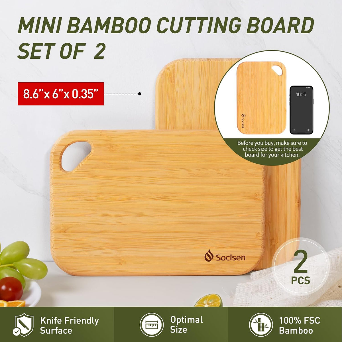 2 Pack Small Bamboo Wood Cutting Board for Kitchen 8.6" x 6" Mini Wooden Charcuterie Boards Lightweight Chopping Board Non Toxic Serving Board Tiny Chef Set Camping Fruit Lemon Sandwich Cheese Board
