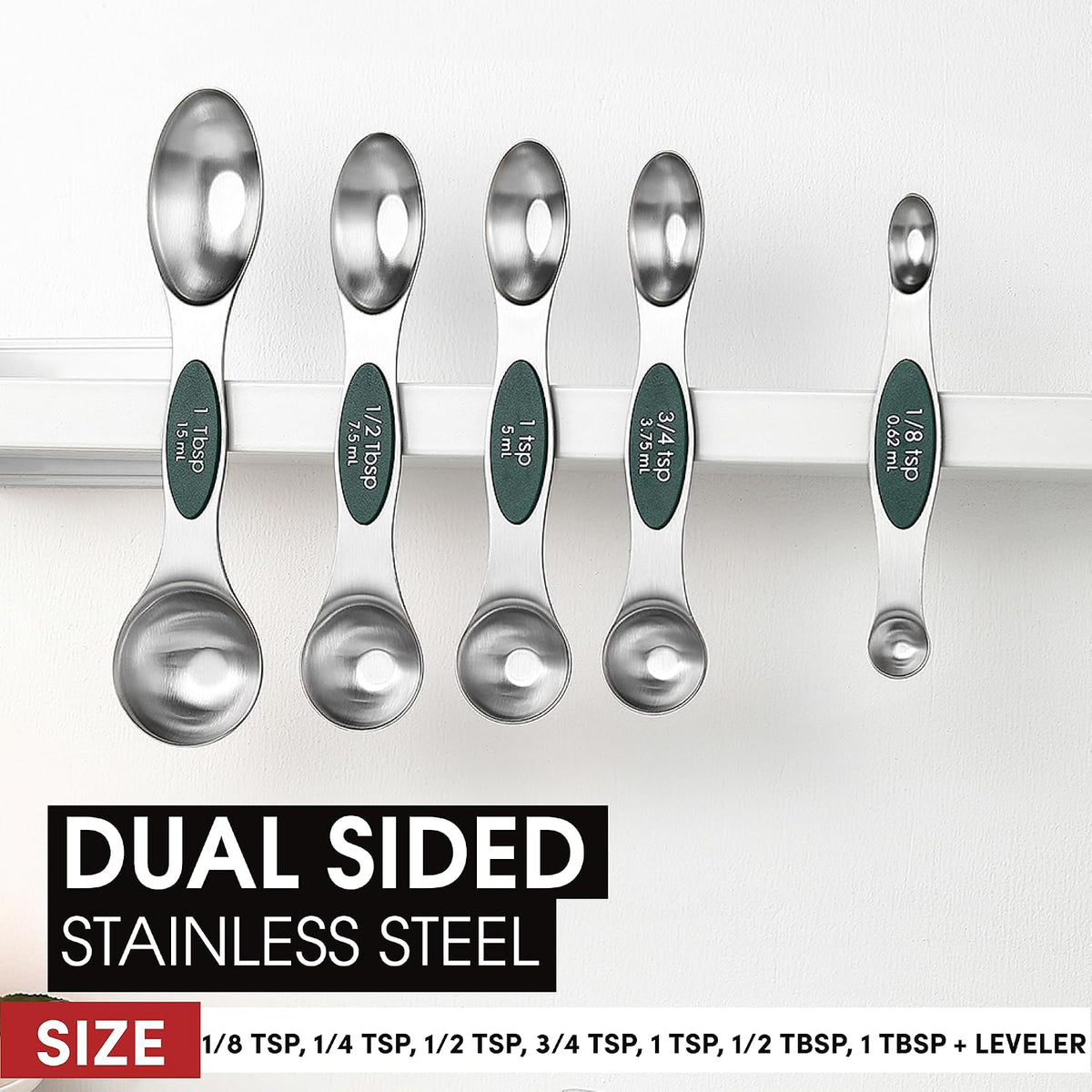 Spring Chef Stainless Steel Magnetic Measuring Spoons Set of 8, Pine Green