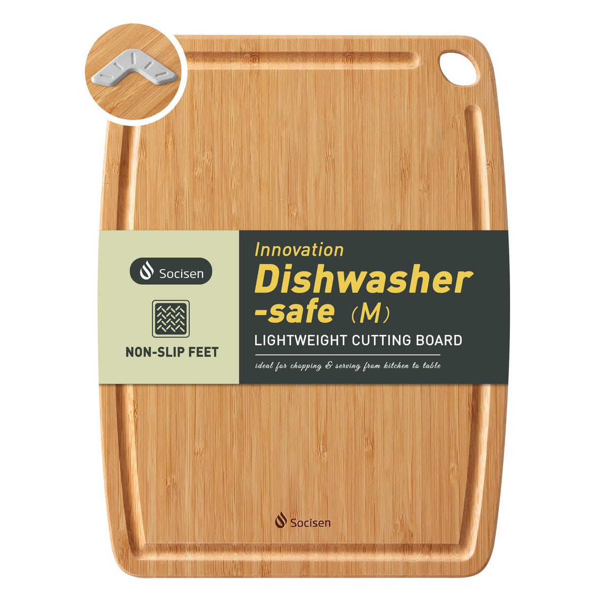 Lightweight Durable Bamboo Cutting Board with Non-Slip Feet, Non Toxic Wooden Cutting Board for Kitchen Heat-Resistant Chopping & Charcuterie Board with Juice Groove Kitchen Essentials for Meat
