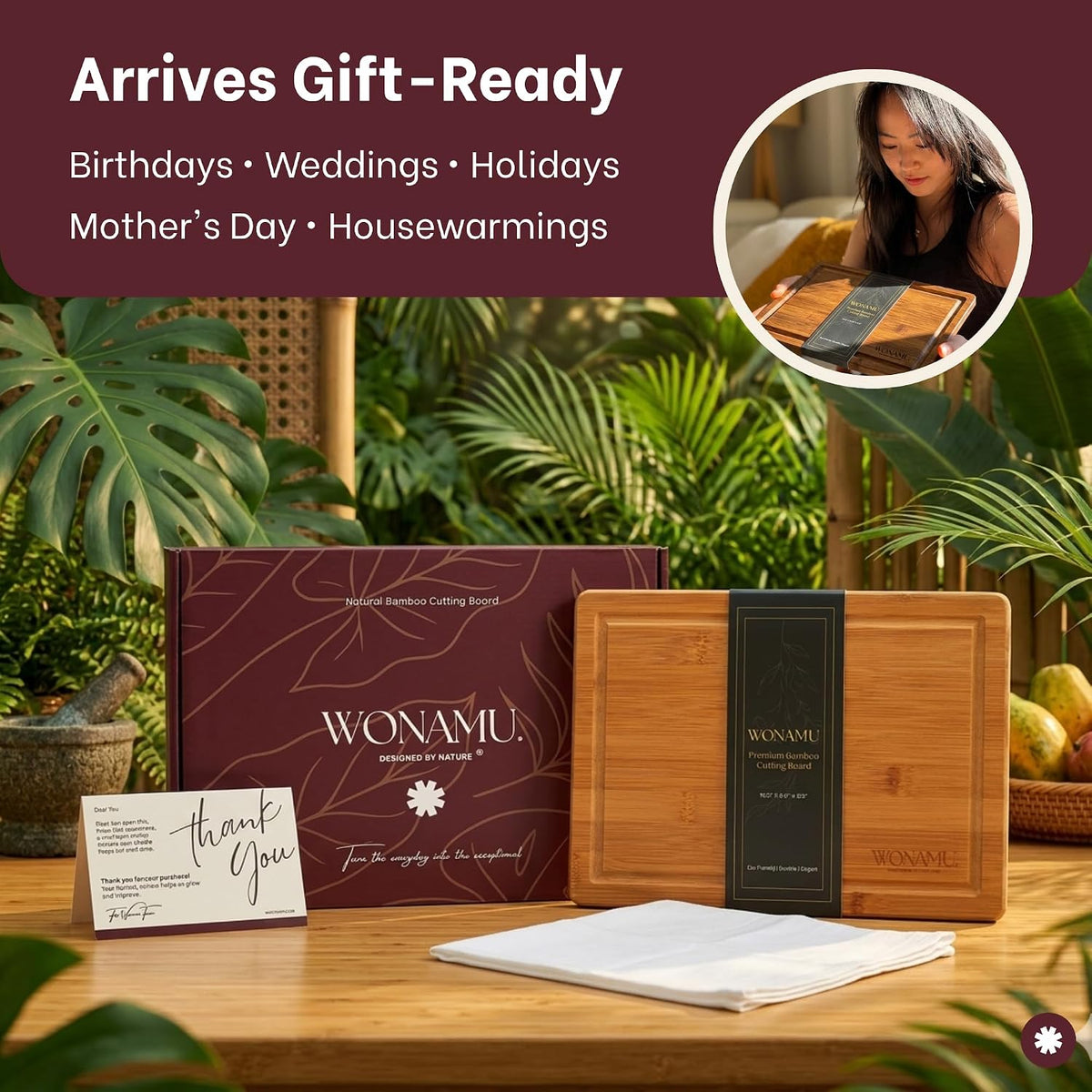 WONAMU Small Bamboo Cutting Board Non Toxic with Juice Groove, Gift Set