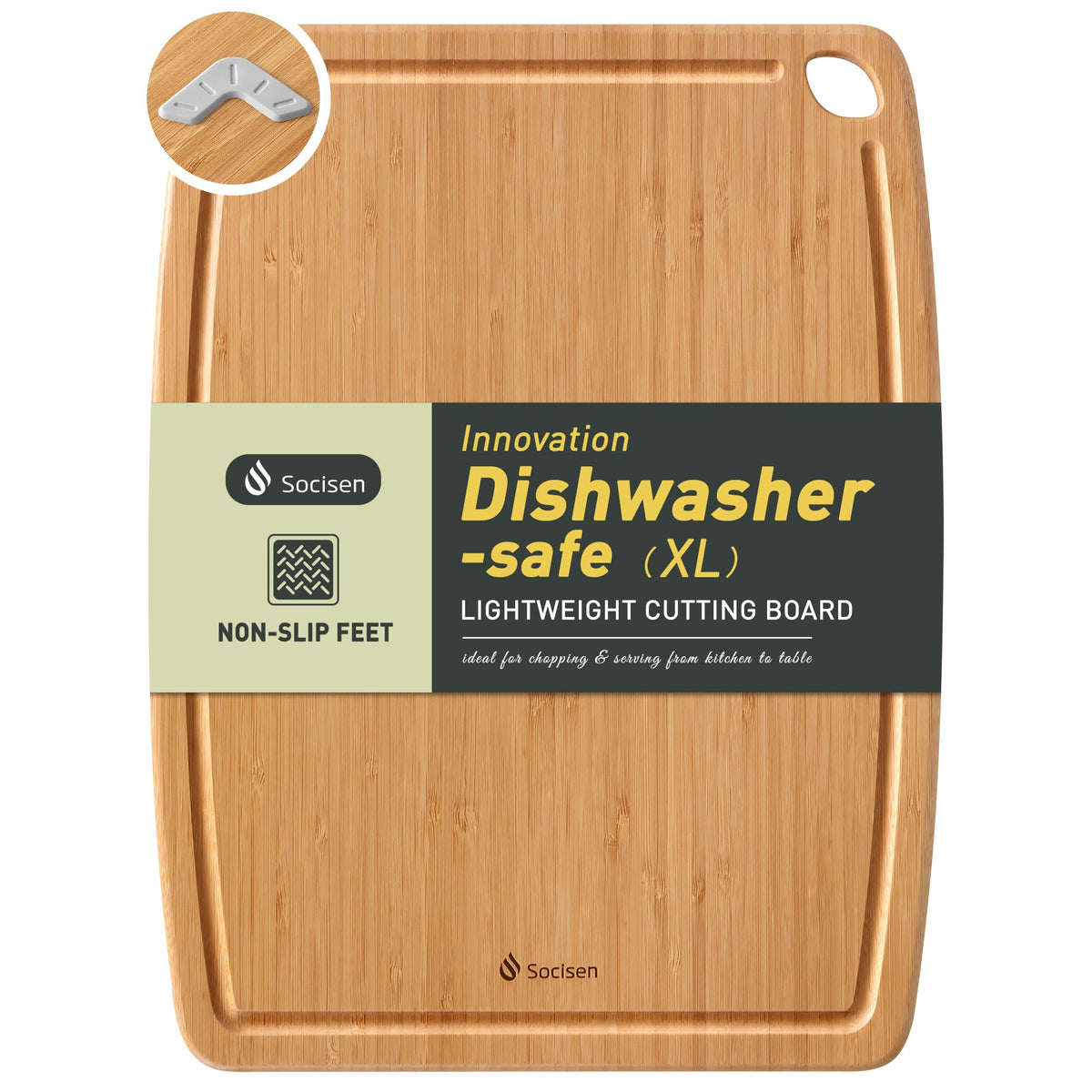 Lightweight Durable Bamboo Cutting Board with Non-Slip Feet, Non Toxic Wooden Cutting Board for Kitchen Heat-Resistant Chopping & Charcuterie Board with Juice Groove Kitchen Essentials for Meat