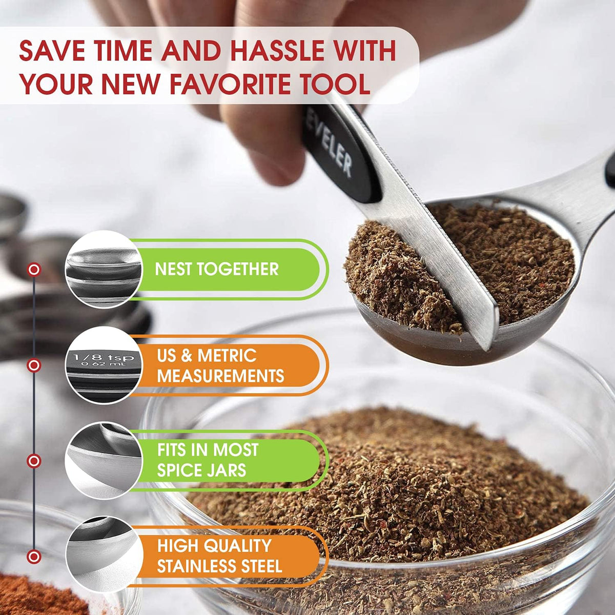 Spring Chef Stainless Steel Magnetic Measuring Spoons Set of 8, Black